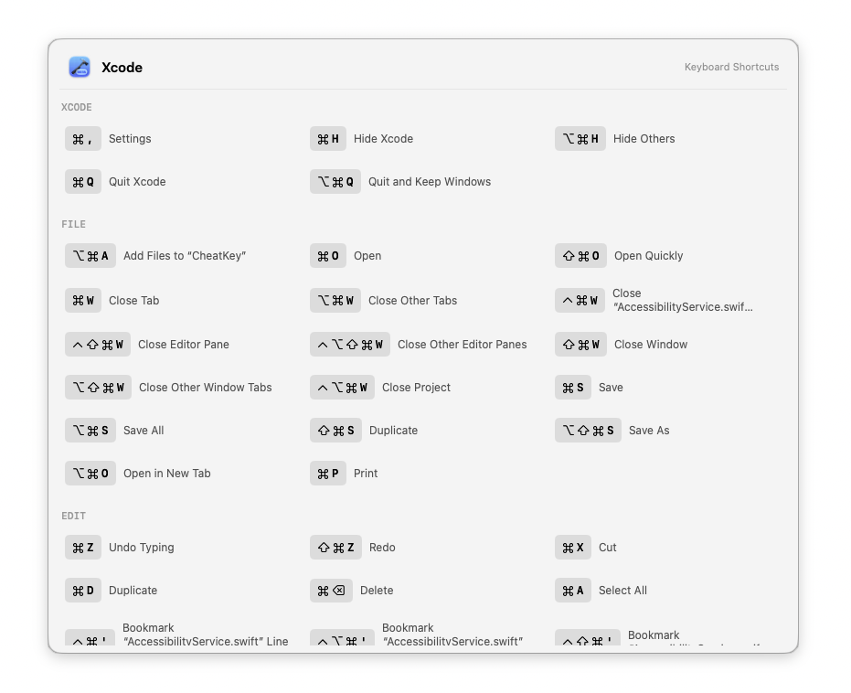 ShortcutPeek overlay showing Safari keyboard shortcuts